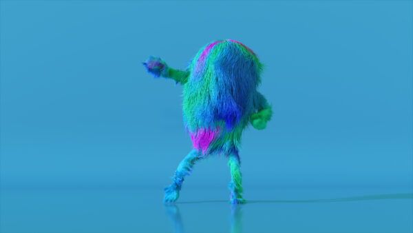 Cheerful colorful hairy cartoon dancing character, furry animal, having fun, furry mascot animation. Modern minimalist design. 3d illustration