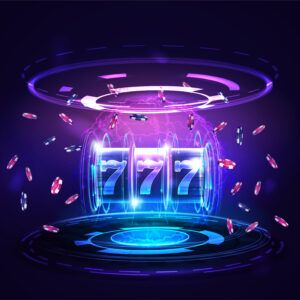 Neon Casino slot machine with jackpot, poker chips and hologram of digital rings in dark empty scene