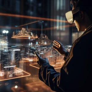 Male engineer or architect wearing virtual reality goggles designs city of the future by controlling buildings models in an augmented hologram at night in dark office. AR and VR technology concept.